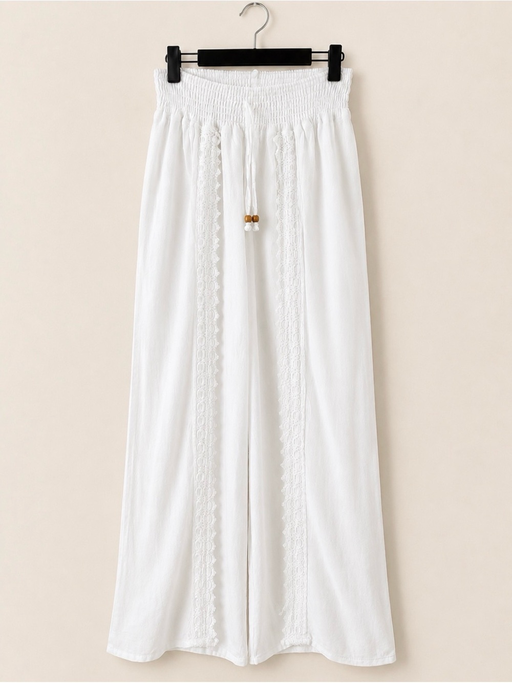 Smocked Waist Wide-Leg Cotton Pants White S/M Boho Lace Trim Beach